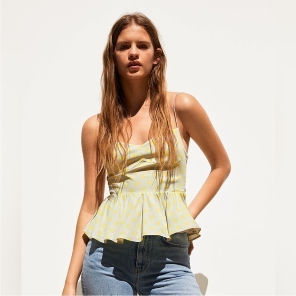 ZARA WOMAN BEIGE With YELLOW POLKA-DOT V-NECK CROP TOP 3067/035/050 size small - Picture 1 of 9